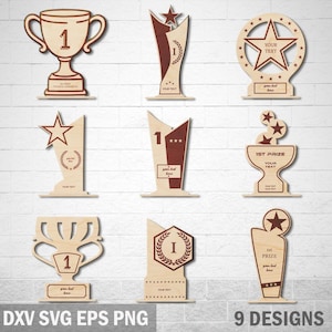 Paquete de trofeos cortados con láser para premios de Designs, archivo de trofeo cortado con láser, archivo SVG de premio de madera, premios cortados con láser, trofeo láser de madera, premio SVG