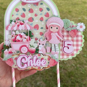 Personalized Strawberry Shortcake Cake Topper | Strawberry Shortcake Birthday Decorations | Pink and Green Themed Party