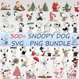 May include: A collection of Snoopy character illustrations in various poses and activities, including holiday-themed Snoopy with Santa hats and Christmas trees. The image includes the text "300+ SNOOPY DOG SVG . PNG BUNDLE".