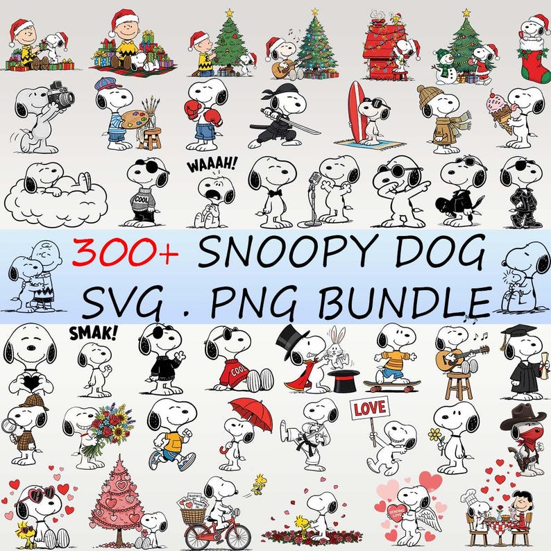 Puede incluir: Una colecci&oacute;n de ilustraciones del personaje Snoopy en varias poses y actividades, incluyendo Snoopy con sombreros de Pap&aacute; Noel y &aacute;rboles de Navidad. La imagen incluye el texto "300+ SNOOPY DOG SVG . PNG BUNDLE".