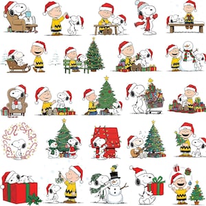 Puede incluir: Patr&oacute;n repetido de Snoopy y Charlie Brown en varias escenas navide&ntilde;as. Snoopy y Charlie Brown llevan gorros de Pap&aacute; Noel y decoran &aacute;rboles de Navidad, van en trineo e intercambian regalos. El fondo es blanco.