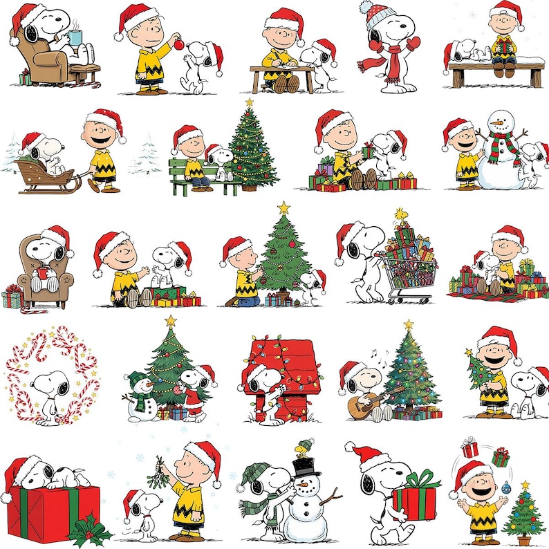 Puede incluir: Patr&oacute;n repetido de Snoopy y Charlie Brown en varias escenas navide&ntilde;as. Snoopy y Charlie Brown llevan gorros de Pap&aacute; Noel y decoran &aacute;rboles de Navidad, van en trineo e intercambian regalos. El fondo es blanco.