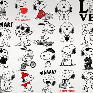Puede incluir: Una colecci&oacute;n de ilustraciones en blanco y negro de Snoopy en varias poses. Algunas figuras de Snoopy llevan gafas de sol, su&eacute;teres y sombreros. El texto incluye "COOL", "SMAK!", "WAAAH!", "I LOVE YOU!" y "Be My Valentine!"