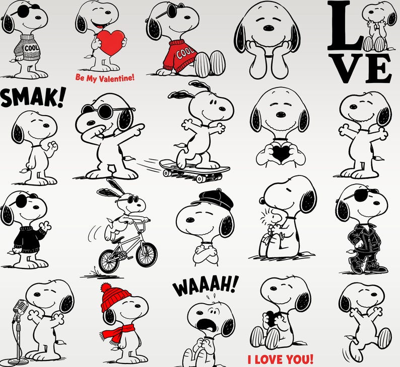 Puede incluir: Una colecci&oacute;n de ilustraciones en blanco y negro de Snoopy en varias poses. Algunas figuras de Snoopy llevan gafas de sol, su&eacute;teres y sombreros. El texto incluye "COOL", "SMAK!", "WAAAH!", "I LOVE YOU!" y "Be My Valentine!"