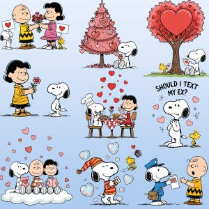 Puede incluir: Una colecci&oacute;n de ilustraciones de la tira c&oacute;mica Peanuts con Snoopy, Charlie Brown, Lucy y Woodstock. Escenas con temas de San Valent&iacute;n con corazones, flores y el texto "SHOULD I TEXT MY EX?"