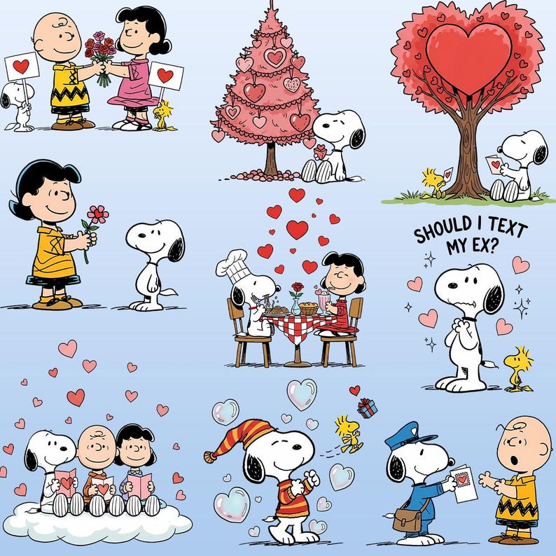 Puede incluir: Una colecci&oacute;n de ilustraciones de la tira c&oacute;mica Peanuts con Snoopy, Charlie Brown, Lucy y Woodstock. Escenas con temas de San Valent&iacute;n con corazones, flores y el texto "SHOULD I TEXT MY EX?"