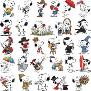 Puede incluir: Una colecci&oacute;n de ilustraciones del personaje Snoopy en varios disfraces y poses. Snoopy se representa como boxeador, samur&aacute;i, m&uacute;sico y m&aacute;s. Algunas im&aacute;genes incluyen accesorios como una guitarra, un paraguas y un letrero que dice "LOVE".