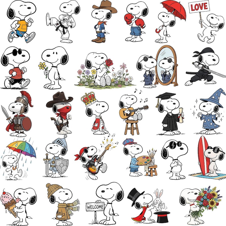 Puede incluir: Una colecci&oacute;n de ilustraciones del personaje Snoopy en varios disfraces y poses. Snoopy se representa como boxeador, samur&aacute;i, m&uacute;sico y m&aacute;s. Algunas im&aacute;genes incluyen accesorios como una guitarra, un paraguas y un letrero que dice "LOVE".