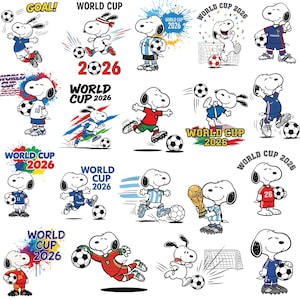 Puede incluir: Ilustraciones de Snoopy con uniformes de fútbol, cada uno interactuando con un balón. El texto "WORLD CUP 2026" está presente, junto con la palabra "GOAL!" y el número "26".