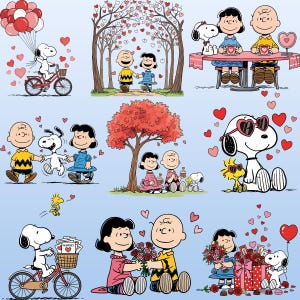 Puede incluir: Una colecci&oacute;n de ilustraciones de dibujos animados con Snoopy, Charlie Brown y Lucy en varias escenas del D&iacute;a de San Valent&iacute;n. Snoopy monta en bicicleta, sostiene globos y usa gafas de sol en forma de coraz&oacute;n. Otras escenas muestran a los personajes tomados de la mano e intercambiando regalos.