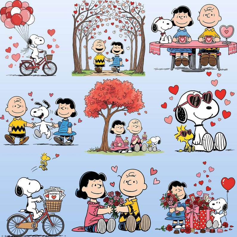 Puede incluir: Una colecci&oacute;n de ilustraciones de dibujos animados con Snoopy, Charlie Brown y Lucy en varias escenas del D&iacute;a de San Valent&iacute;n. Snoopy monta en bicicleta, sostiene globos y usa gafas de sol en forma de coraz&oacute;n. Otras escenas muestran a los personajes tomados de la mano e intercambiando regalos.