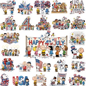 May include: A collection of colorful illustrations featuring the Peanuts characters celebrating the 4th of July. Snoopy, Charlie Brown, and the gang are shown with flags, fireworks, and patriotic decorations. The images include text that says "Happy 4th of July" and "USA".