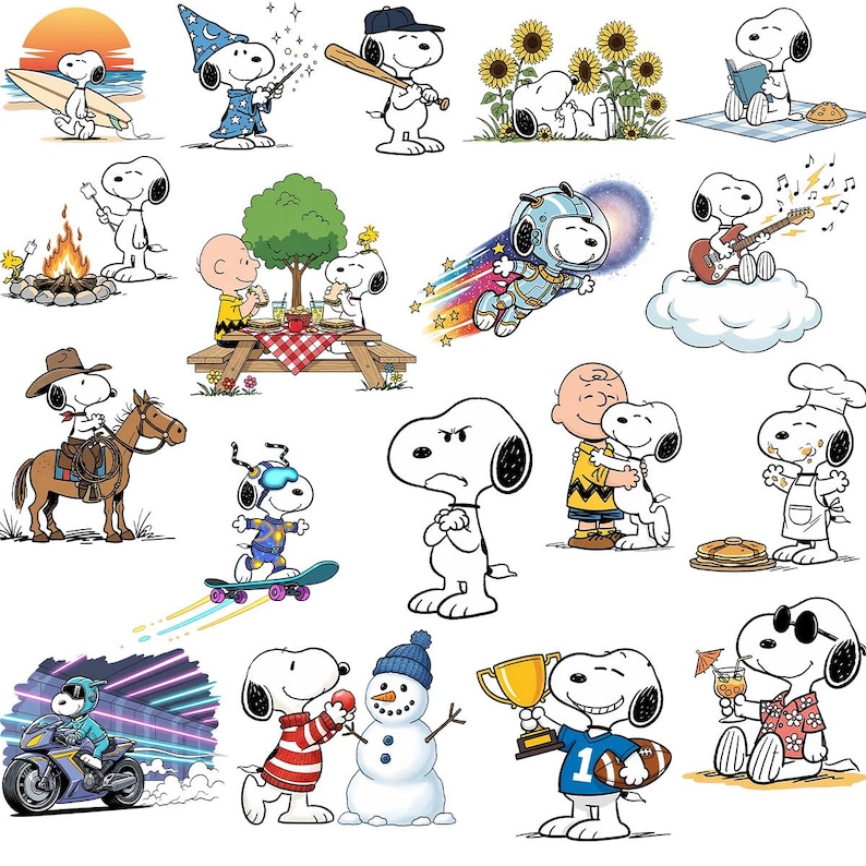 May include: A collection of Snoopy illustrations in various poses and outfits. Snoopy is depicted as a surfer, wizard, baseball player, astronaut, and more. The images are in a cartoon style with black outlines and color fills.