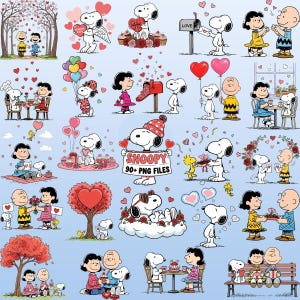 Puede incluir: Una colección de personajes de Snoopy y Peanuts en varias escenas de San Valentín. Snoopy aparece con corazones, globos y regalos. La imagen incluye el texto "Snoopy 90+ PNG Files" en una pancarta.