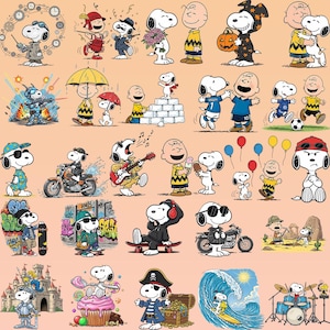 May include: A collection of Snoopy illustrations in various poses and costumes. Snoopy is depicted as a pilot, a flapper, a musician, a pirate, and more. Charlie Brown and other Peanuts characters are also featured in the illustrations.