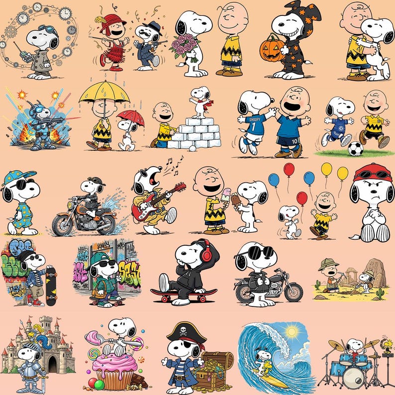 May include: A collection of Snoopy illustrations in various poses and costumes. Snoopy is depicted as a pilot, a flapper, a musician, a pirate, and more. Charlie Brown and other Peanuts characters are also featured in the illustrations.