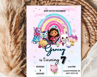 Editable Gabbys Doll House Birthday Party Invitation Template ( 5x7 ) Digital Download Product