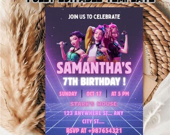 May include: A purple birthday party invitation with the text "FULLY EDITABLE TEMPLATE" at the top. The invitation features three animated figures holding microphones, with the text "SAMANTHA'S 7TH BIRTHDAY!" and event details.