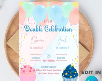Modello modificabile per invito alla festa di compleanno dei fratelli per bambini (5x7) Prodotto digitale scaricabile