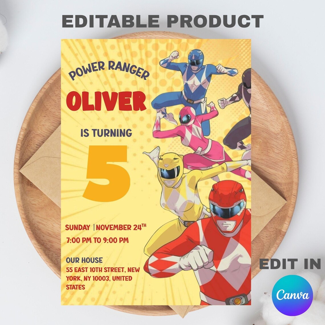 Editable Power Rangers Birthday Party Invitation Template (5x7) Digital ...
