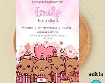 Editable Capys Birthday Party Invitation Template for Kids ( 5x7 ) digital Download