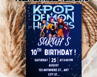 May include: A blue invitation card with the text "K-POP DEMON HUNTERS" and "SARAH'S 10TH BIRTHDAY!" featuring illustrations of three animated characters. The card includes event details: Saturday, August 25th at 6:00 PM.