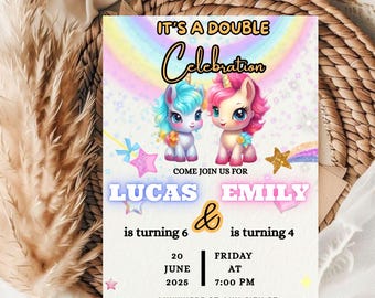 Editable Siblings Birthday Party Invitation Template ( 5x7 ) Digital downloadable Product