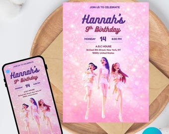 Könnte beinhalten: Eine rosa Geburtstagseinladung mit dem Text "Hannah's 9th Birthday" und dem Datum. Die Einladung zeigt Illustrationen von drei Mädchen und die Worte "EDITABLE PRODUCT" und "EDIT IN Canva". Ein Smartphone zeigt das gleiche Design.