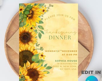 Könnte beinhalten: Einladung zum Thanksgiving-Dinner mit Aquarelldesign. Die Einladung zeigt Sonnenblumen und grüne Blätter auf gelbem Hintergrund. Der Text lautet "Thanksgiving Dinner" und enthält Datum, Uhrzeit und Ort.