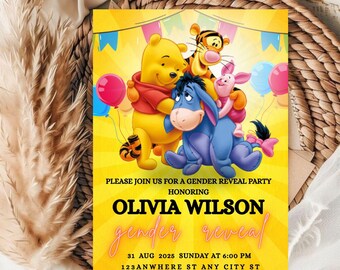 Editable Winnie the pooh Gender Reveal party Invitation Template ( 5x7 ) Digital Downloadable Product