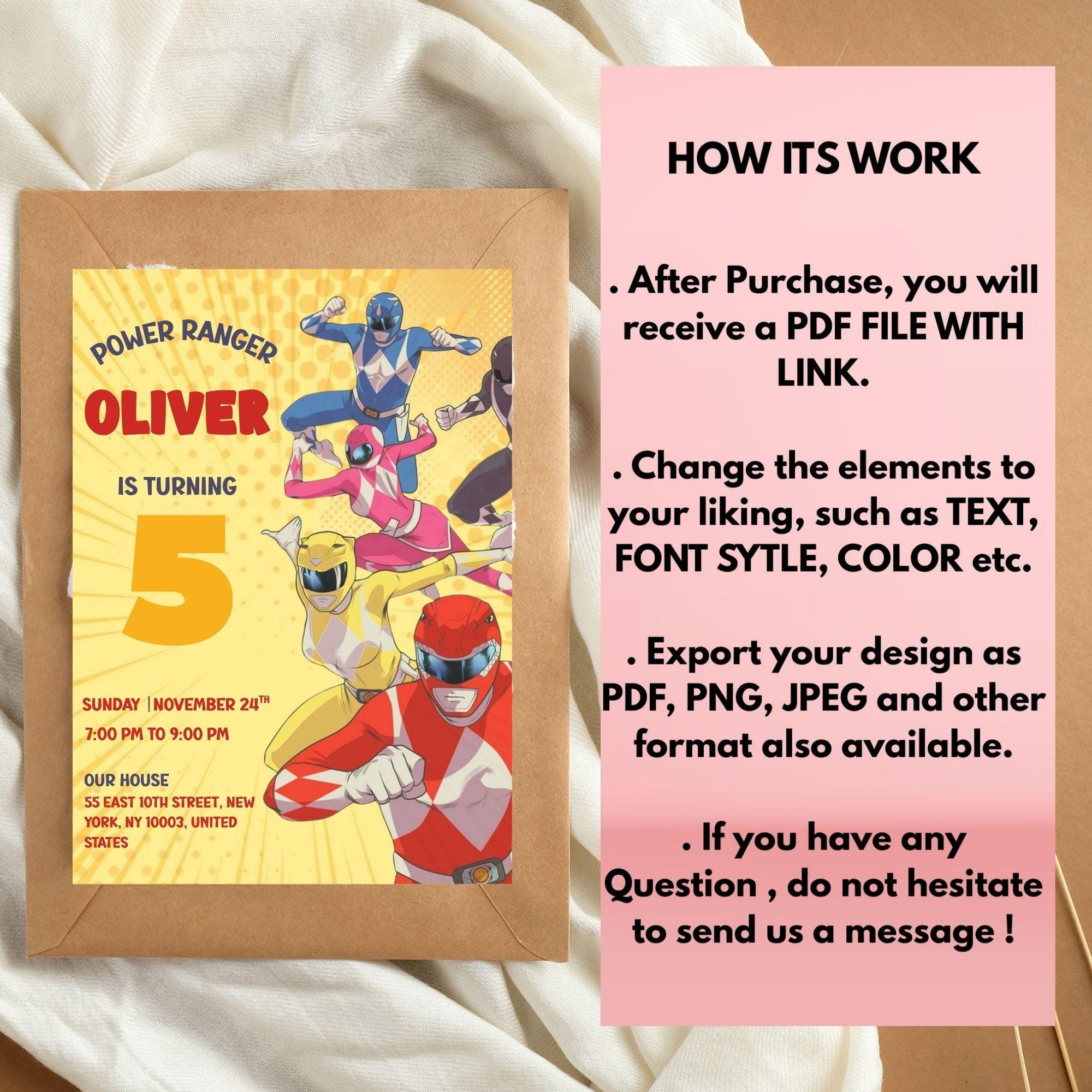 Editable Power Rangers Birthday Party Invitation Template (5x7) Digital ...