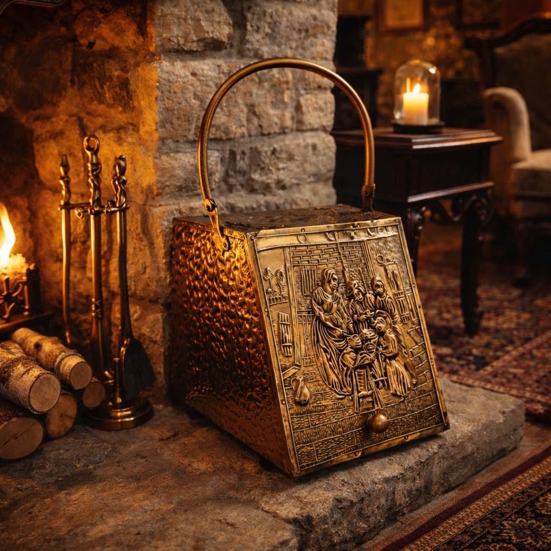 Rectangular Coal Hod Vintage Hammered Brass Coal Hod, Repoussé Scene Fireplace Scuttle ...