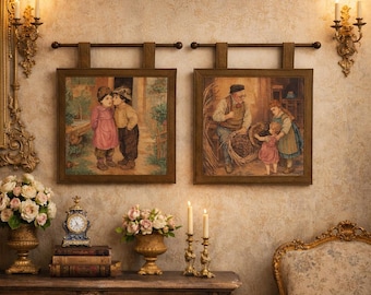 Vintage French Tapestry Set: Rare with Original Brass Rod Wall Hangings