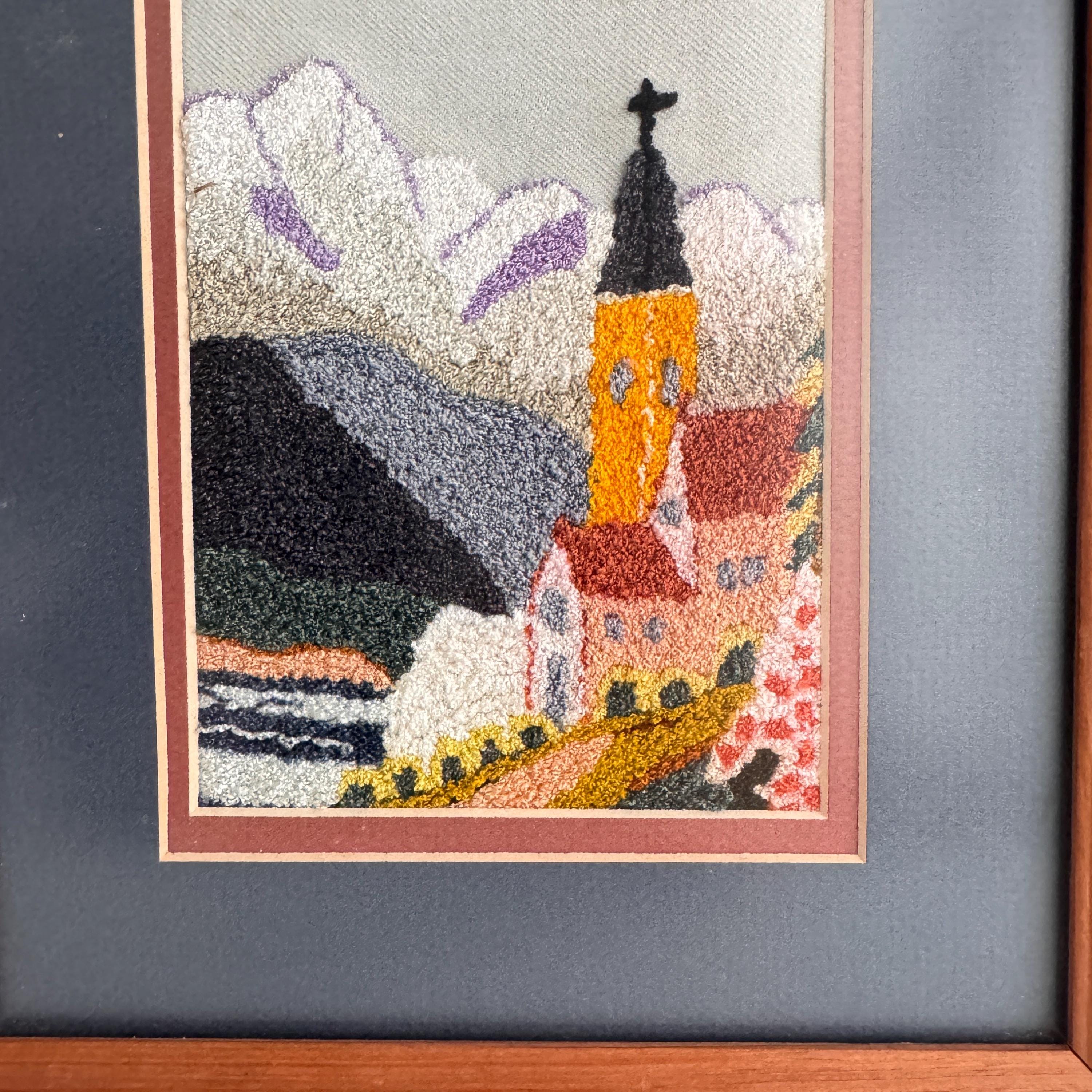 Vintage Punch Needle Fiber Art | Framed Alpine Village Wall Decor - Etsy