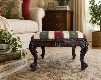 Vintage French Provincial Footstool, Louis XV Style Ottoman, Carved Wood Vanity Stool, Fleur de Lis Upholstered Bench