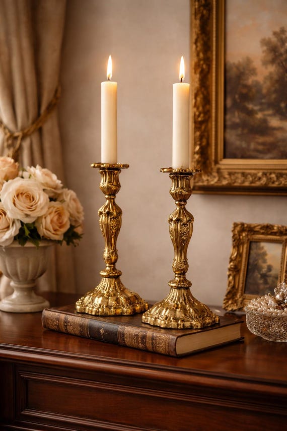 Ornate Brass Candlesticks Pair | Baroque Style, Solid Brass, 11" Tall, India Home Décor