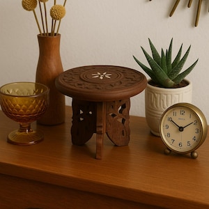 Vintage Hand-Carved Wooden Folding Mini Table with Floral Inlay | Indian Boho Altar Stand | Small Display Riser or Plant Pedestal