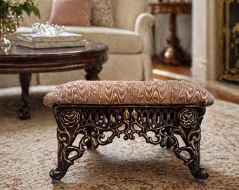 Victorian Cast Iron Footstool 15” Square | Ornate Antique Gilt Metal Stool | Fireside  Vanity Stool