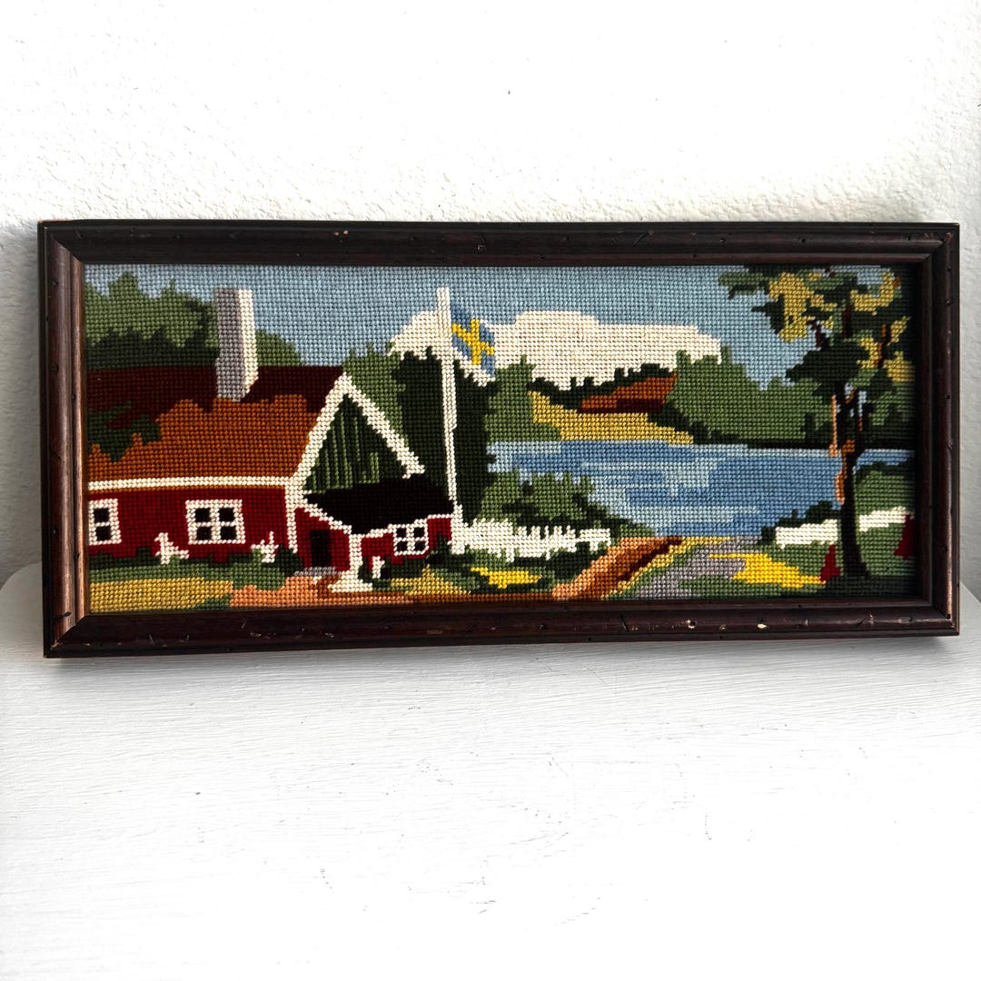 Vintage Swedish Needlepoint Wall Art – Red Cottage by the Lake With ...