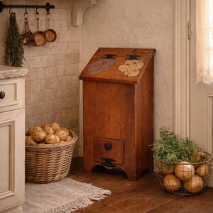 May include: A wooden potato bin with a hinged door and decorative painted vegetables on the lid. The bin is in a kitchen setting, with baskets of potatoes and herbs nearby. The bin is approximately 36 inches tall.