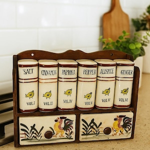 Rare Mid-century Japan Rooster & Chick Ceramic Spice Rack Set – 6