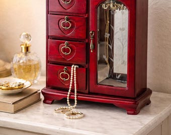 Vintage Jewelry Armoire Cabinet Red Wood Organizer Glass Door Necklace Carousel