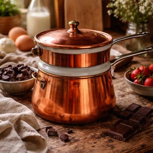 May include: A copper double boiler with a lid, white ceramic band, and two handles. The kitchen scene includes a bowl of strawberries, chocolate chunks, eggs, and a bottle of milk on a wooden surface.