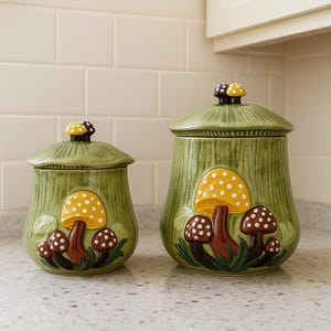 Vintage Arner’s Mushroom Canisters – 1970s Ceramic Kitchen Canister Set, Retro Woodland Mushroom Decor, Hand-Signed “Lois 76,” Green Majolic