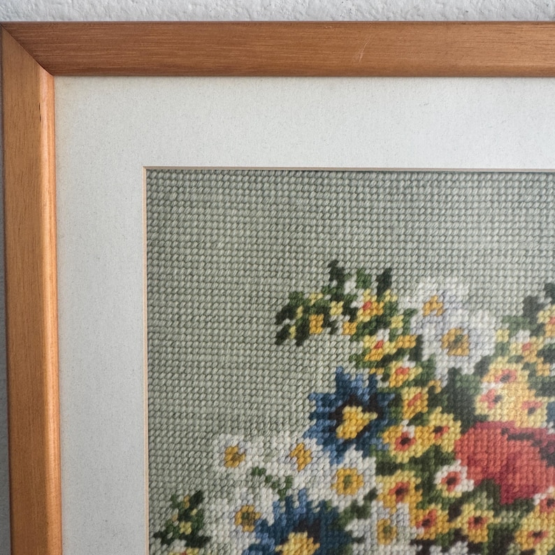Vintage Floral Needlepoint Art – Framed Hand-stitched Wildflower ...