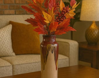 Vintage Studio Pottery Vase 14" High | Handmade Drip Glazed Earth Tone Stoneware Decorative Vase