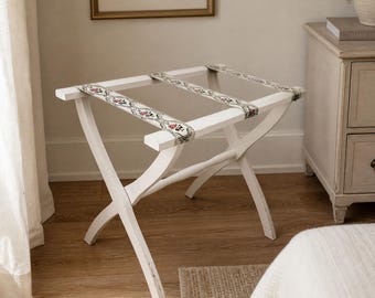 Vintage Wooden Folding Luggage Rack with Tapestry Straps – Mid Century Modern Suitcase Holder Guest Room Travel Stand | Suitcase holder