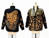 Vintage Sequin Jacket Black Large XL with Leopard Cheetah Animal Pattern Vintage Black Sequin Jacket Animal Modi Large XL