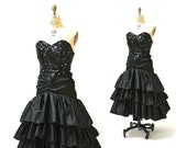 Vintage 80s Prom Dress Black Sequin Dress Evening Gown 80s strapless sequin dress XS Small 80s Pageant Dress Black Sequins Ruffles Dress