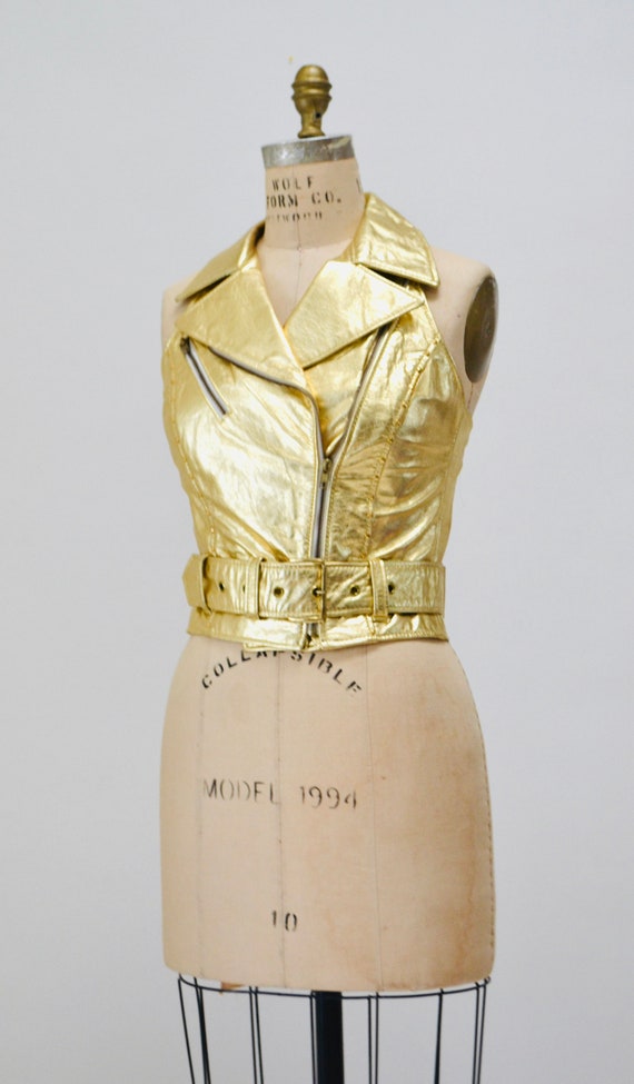 Amazing Vintage Studded Gold Leather Vest Size Me… - image 8